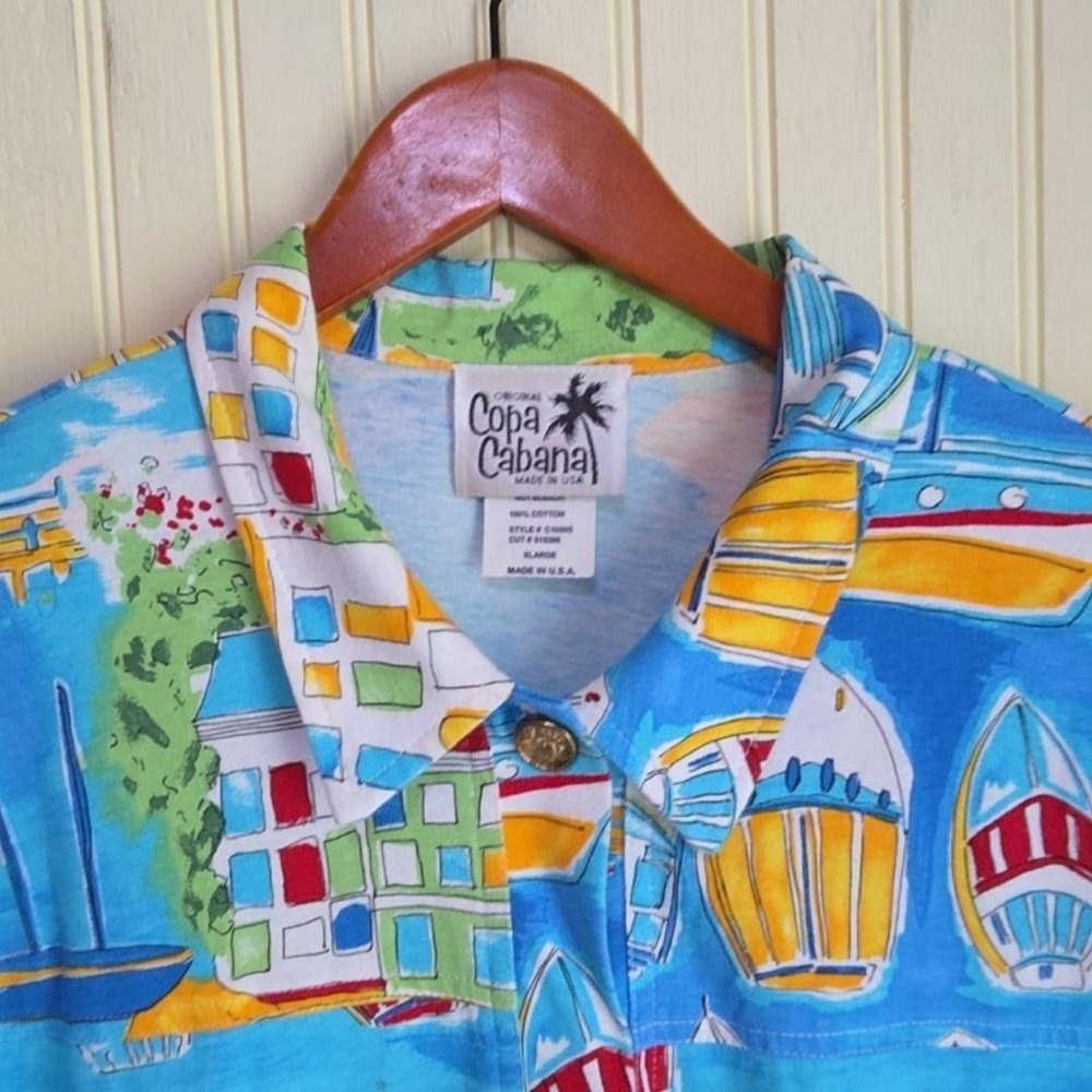 Copa Cabana Shirt Mens XL‎ Blue Boat Print Short Sleeve Button Up Hawaiian Beach